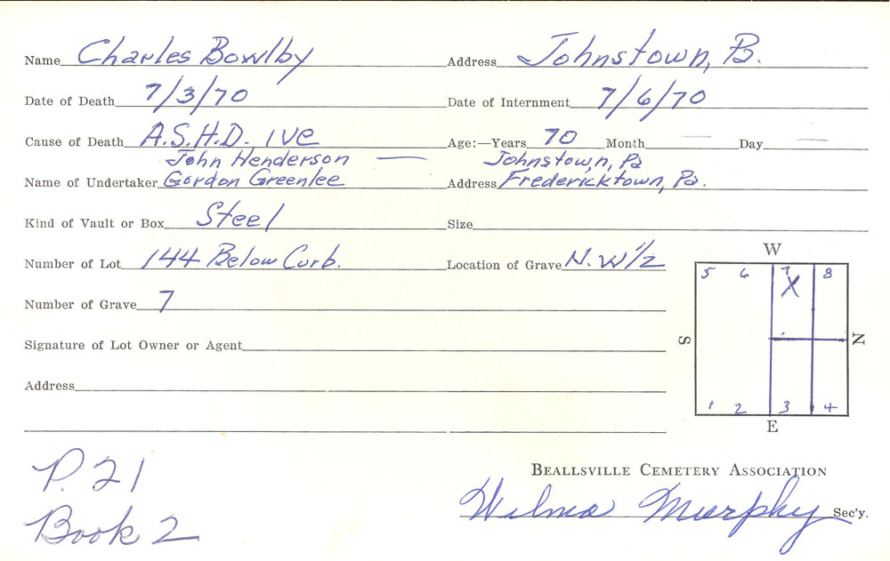 Charles F. Bowlby burial card